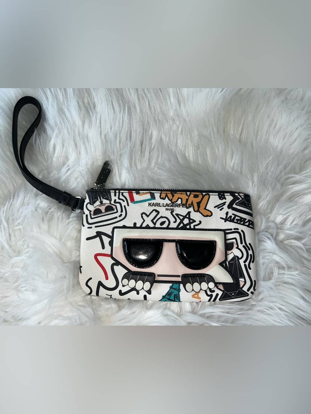 Karl Lagerfeld Paris Graphic Wristlet Phone Pouch with Pink & Black Accents
